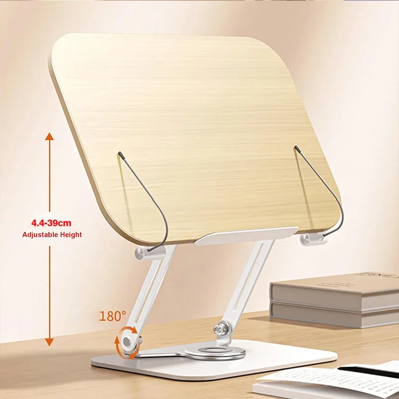 Desktop Book Stand for Reading with 360 Rotating Base Wooden Panel & Page Clips Foldable and Angle