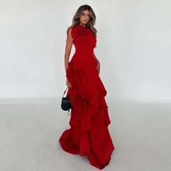 Red Flowers Party Dresses Chic Ruched Pleat Mermaid Prom Gowns Simple Fashion Sleeveless Floor Length Formal Evening Dresses