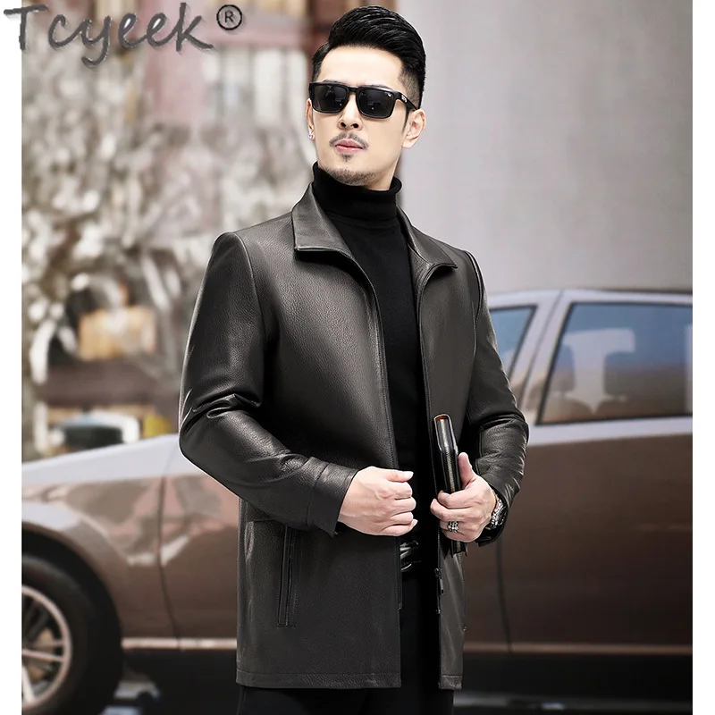 Tcyeek Genuine Leather Jacket Men 2025 Business Casual Goatskin Coats Autumn Man Clothes Mid-length Trench Coat Jaqueta Couro