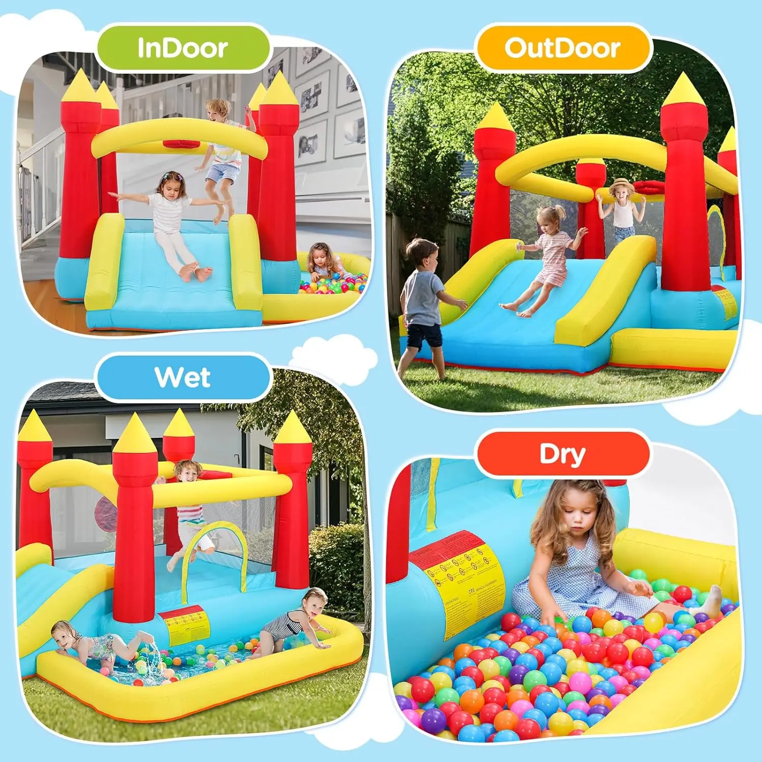 Inflatable Bounce House, Bouncy House with Blower, Bouncy Castle with Slide, Ball Pit, Jump House for Indoor Outdoor Backyard Pa