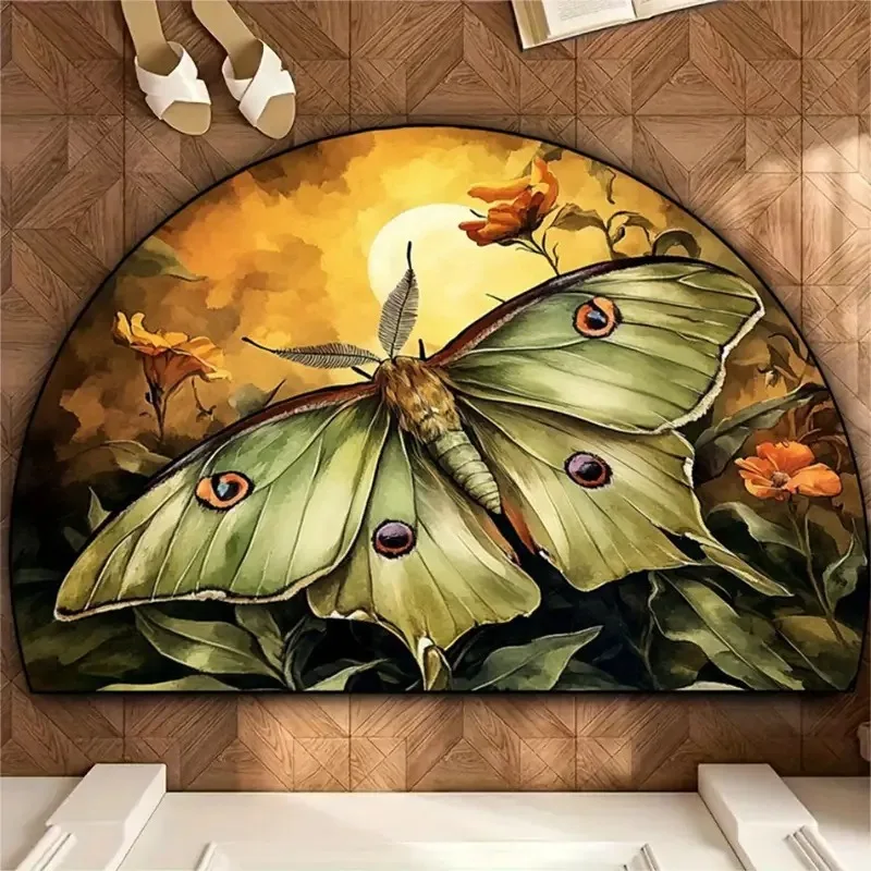 Boho Dragonfly Half Round Doormat Whimsical Botanical Floral Mushroom Print Non-Slip Entryway Rug Mystical Forest Home Decor Mat