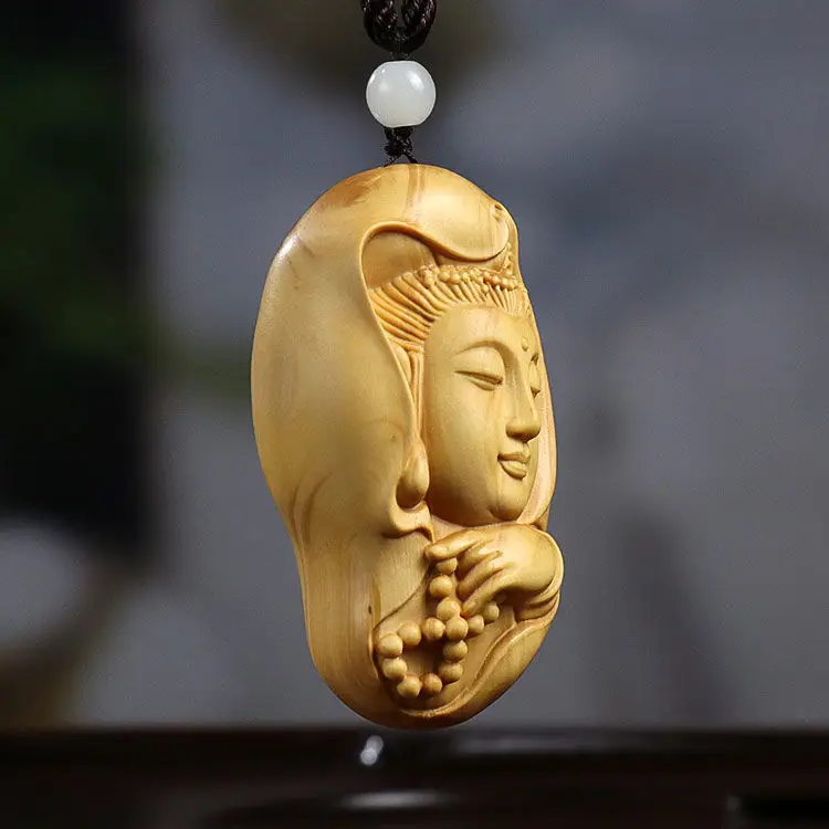 Small Leaf Boxwood Guanyin Brand Wood Carving Solid Wood South China Sea Guanyin Bodhisattva Pendant Car Hanging Handle Bless