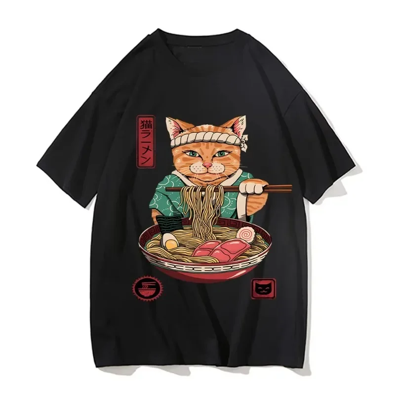Süße Ramen T-Shirts für Frauen, japanische Katze, T-Shirt, Sommer, kurzärmelig, Grafik-T-Shirts, Kleidung, Cartoon, Streetwear, Persönlichkeit