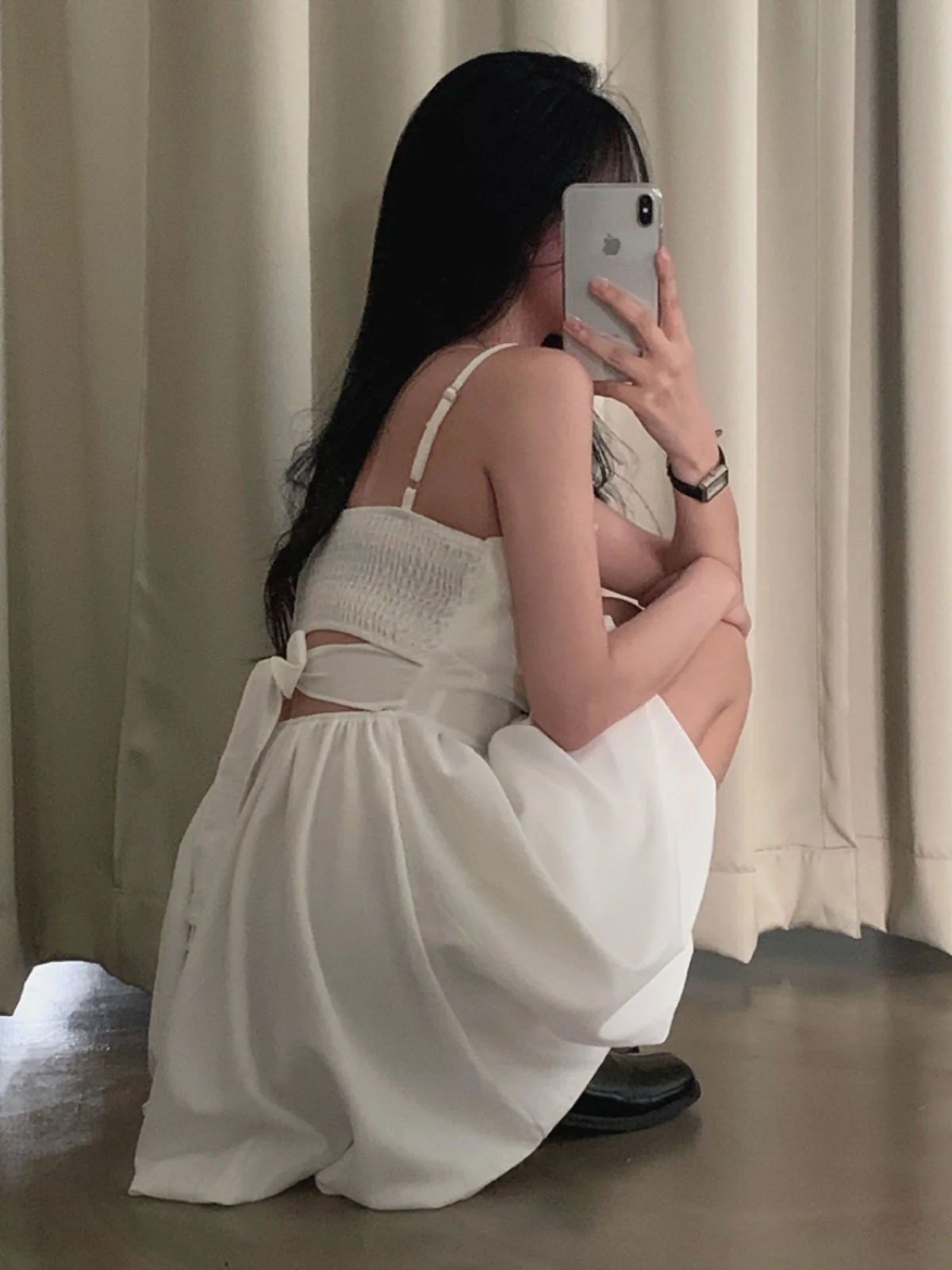 Chic Summer  Knot Tie Pleated  Flower Bud Strap Dr Girl\'s Feel High Waist Korean Sle No Sve Polyester Fiber