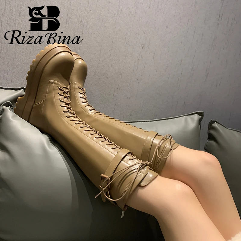 

RizaBina 2023 New Real Leather Women'S Long Boot Lace Up Winter Women Shoes Fashion Ins Female Knee Boot Footwear Size 34-39