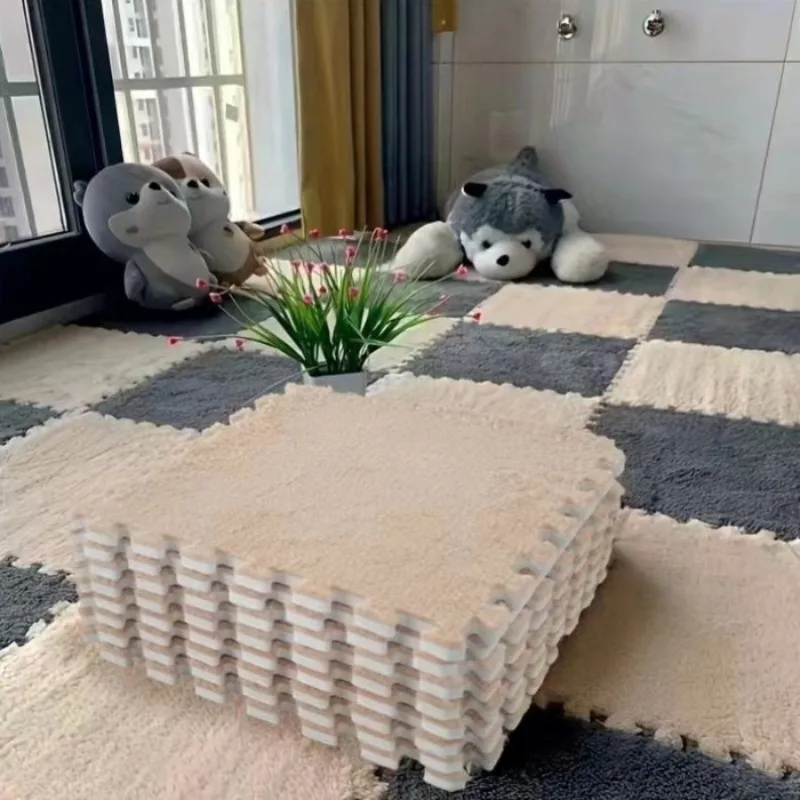 48PCS Dual-Color Interlocking Bedside Carpet Tiles for Bedroom Bay Window Mats Insta-Style Foam Pads - Cuttable & Washable