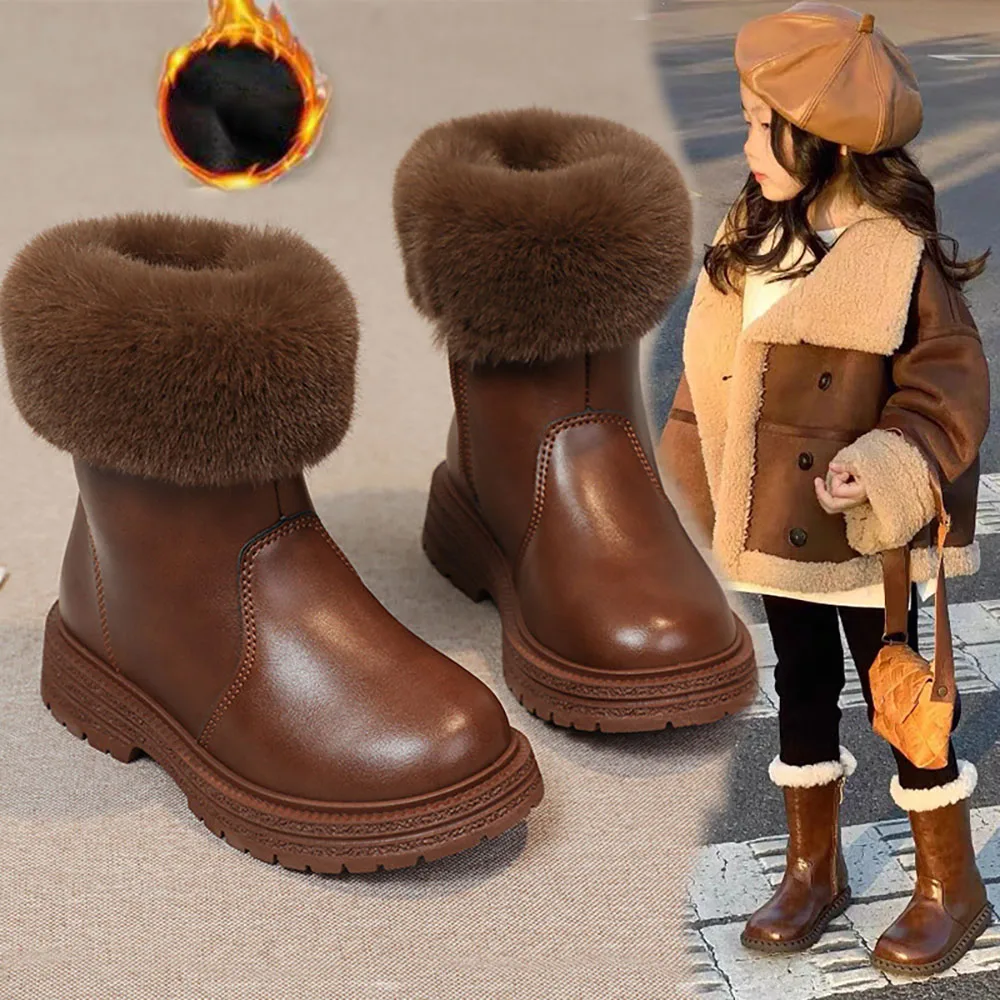 Winter Plush Boots For Girls PU Leather Waterproof Cotton Shoes Trend Fashion Cotton Shoes Thick Warm Teenager Girl's Snow Boots