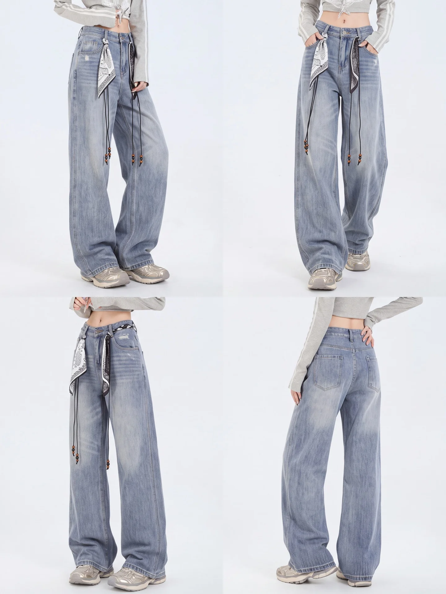 Ant Retro High Waist Draped Jeans Women Light Blue Washed out Design Casual Straight Leg Cotton Pants Comfortable Breathable