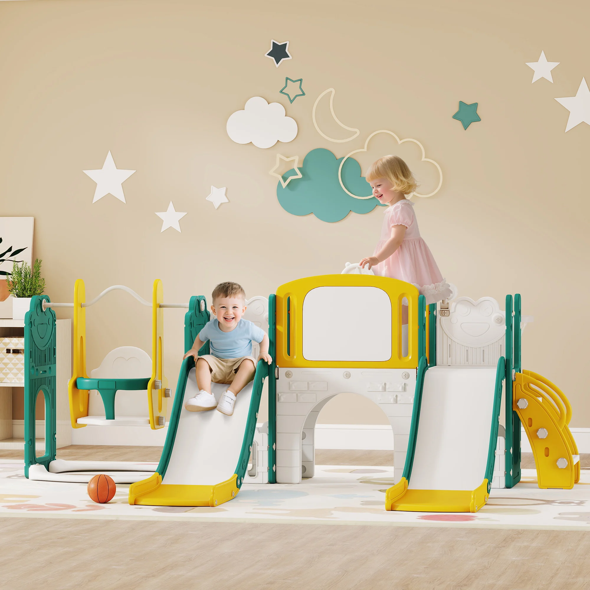 AIYAPLAY Set scivolo e altalena 9 in 1 per bambini con design rana