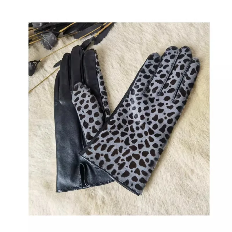 

Women's Autumn Winter Grey Leopard Genuine Leather Glove Female Natural Leather Touchscreen Driving Riding Glove R1222