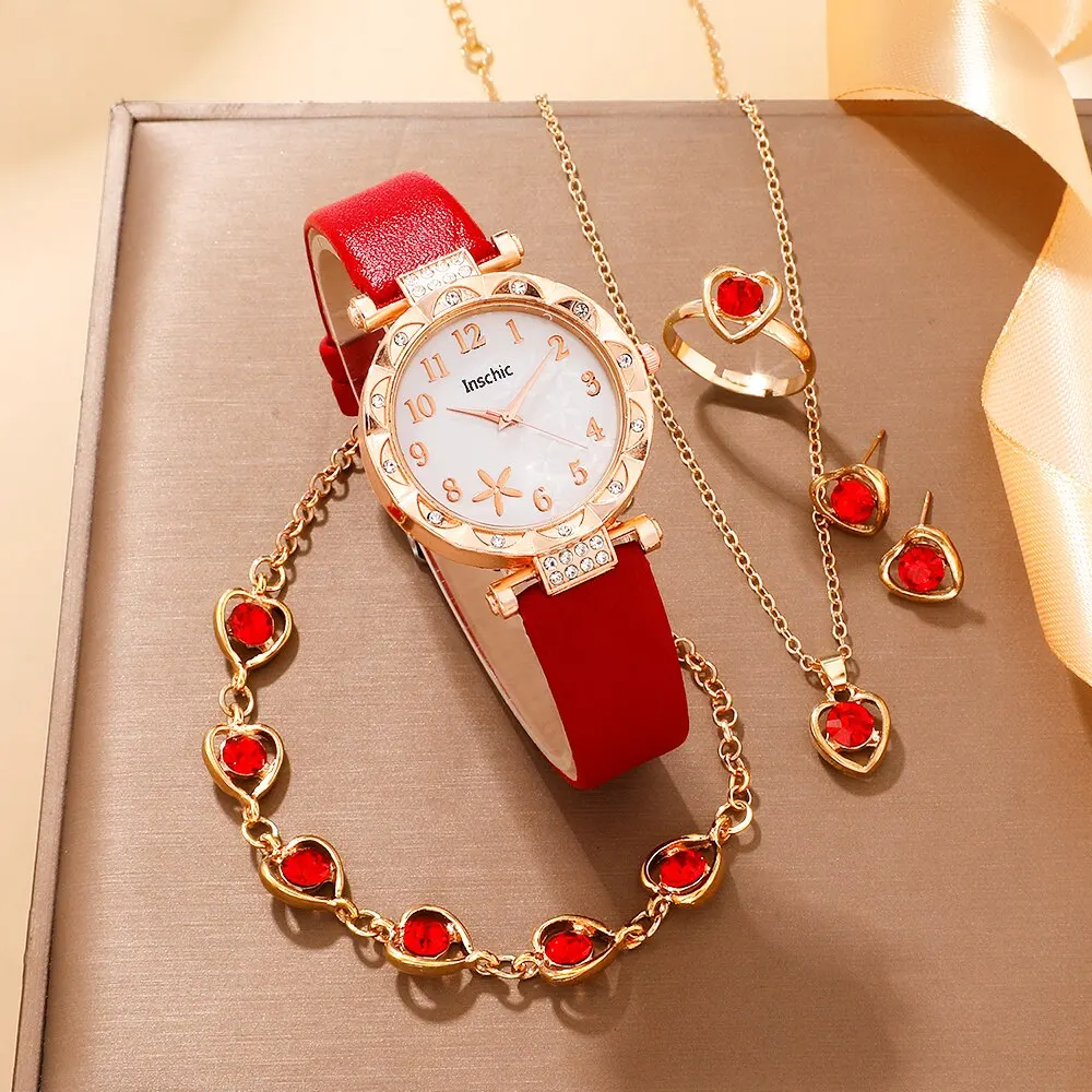 6PCS Set Red Luxury Quartz Watch Women Ring Necklace Earring Rhinestone Fashion Wristwatch Casual Ladies Bracelet Watches