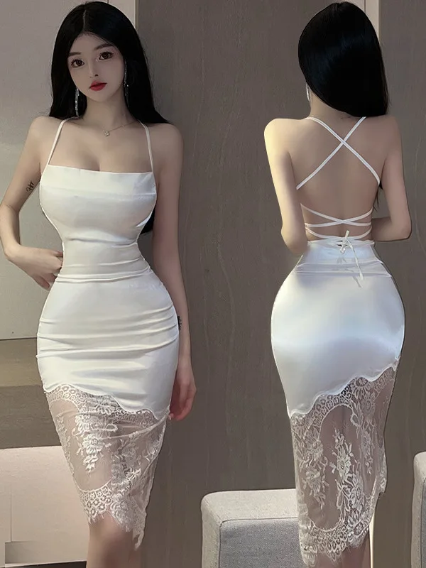 White Robe Tops Korean Women Lingerie Sexy Hanging Strap Bra Lace Splice Silk Smooth Lace Long Dress Elegant Dress IM9Y