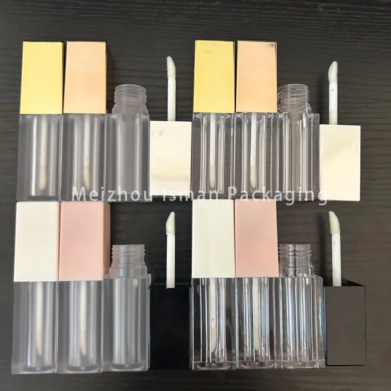 50Pcs empty square 5ml clear frosted pink white black wand lip oil tubes lip gloss plastic bottles gold sliver lipgloss tube