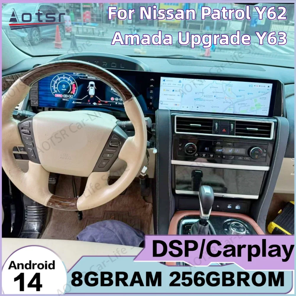 

Двухэкранный мультимедийный центр с беспроводной зарядкой для Nissan Patrol Y62, модернизация Amada Y63, Android 14, GPS, автомобильная стереосистема, головное устройство