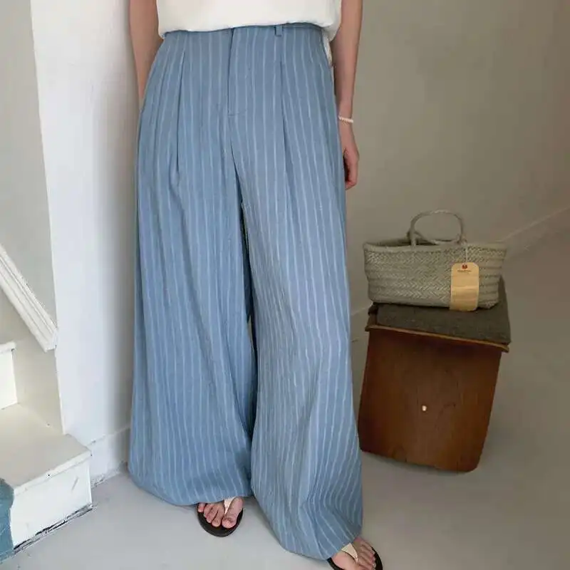 

Синие джинсовые брюки с застежкой-молнией и пуговицами, шикарные универсальные полосатые широкие джинсы, летние новые приливы