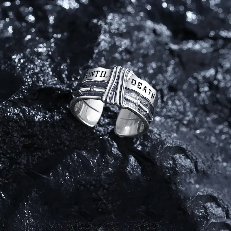 Retro Persistent Ring Male Trendy Personality Letter Opening Index Finger Ring Imitation Thai Silver Swearing To Death Men