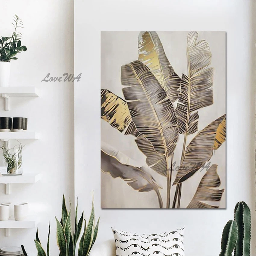 

Unframed Contemporary Painting Plant Abstract Canvas Art Gold Foil Texture Natural Scenery Wall Picture Frameless Leaf Painted