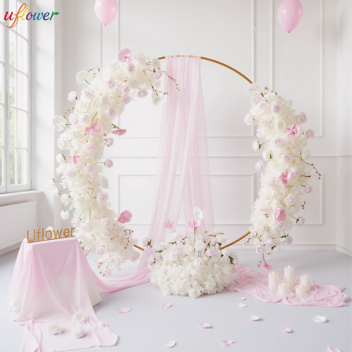 

Uflower Luxury Pink Rose Cherry Blossom Artificial Flower Row Wedding Arch Hang Floral Arrangements Backdrop Party Decor Display