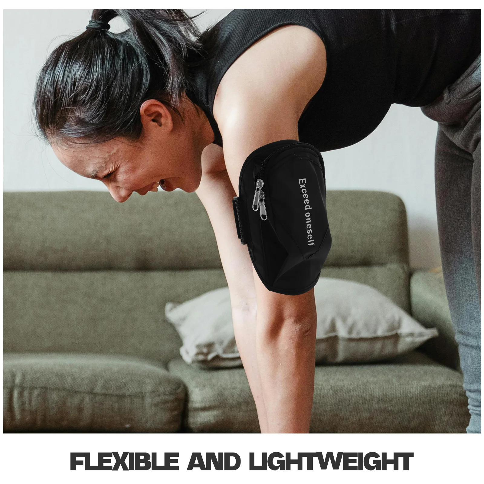 Unisex Black Running Armband Breathable Water-Resistant Nylon Sports Arm Bag Adjustable Jogging Cycling Hiking Zipped Pocket