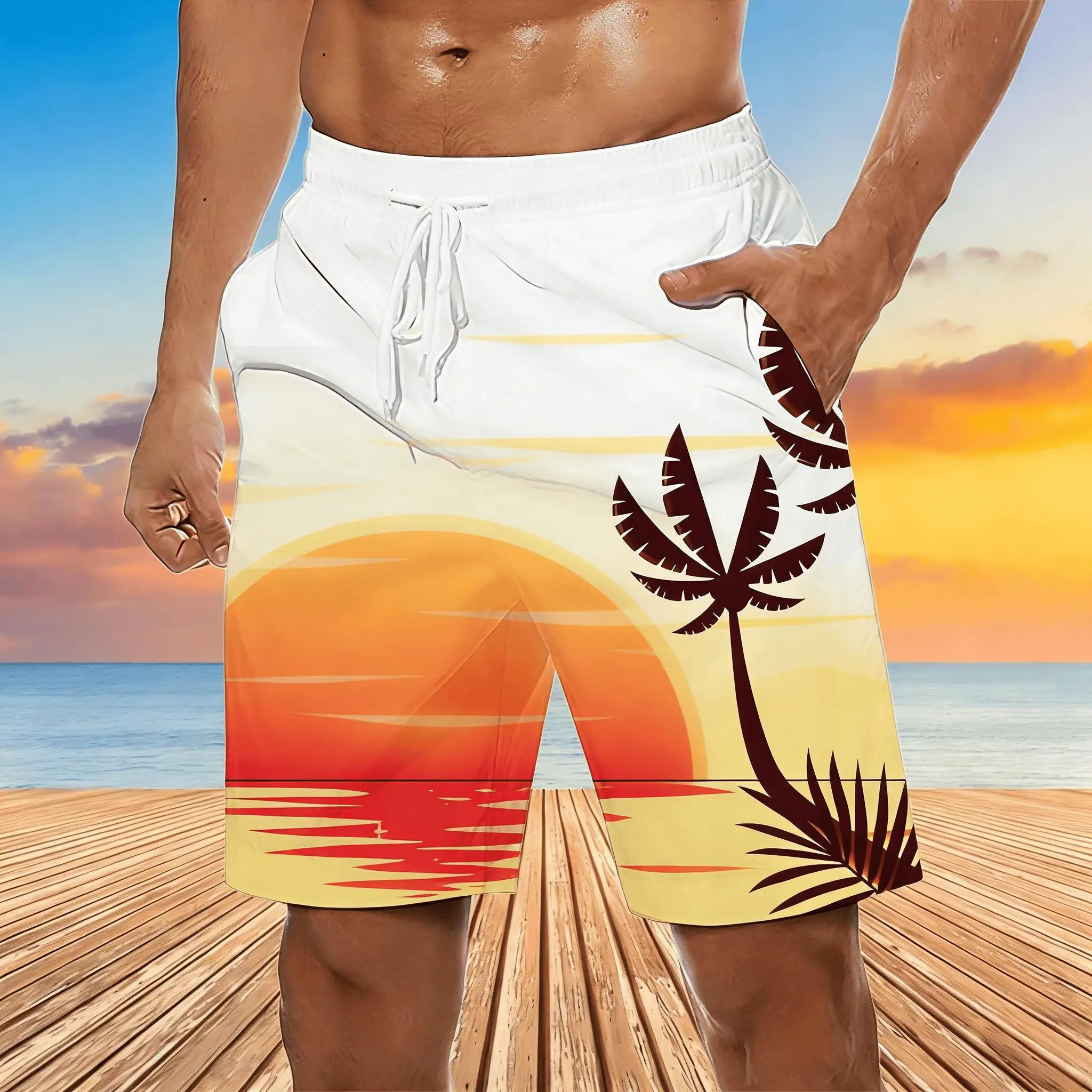 Men's White Orange Sunset Palm Tree Print Drawstring Shorts, Spring Summer Retro Beach Casual Shorts, Pocket Beach Shorts