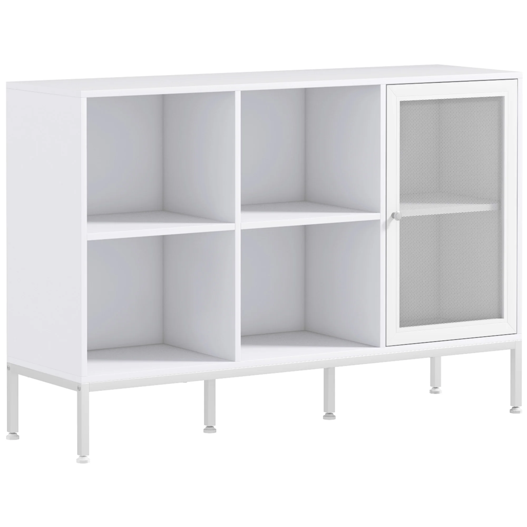 HOMCOM Keukenbuffet Wit met Gaasdeur, 4 Open Vakken en Verstelbaar Plank 120x37x81,5 cm