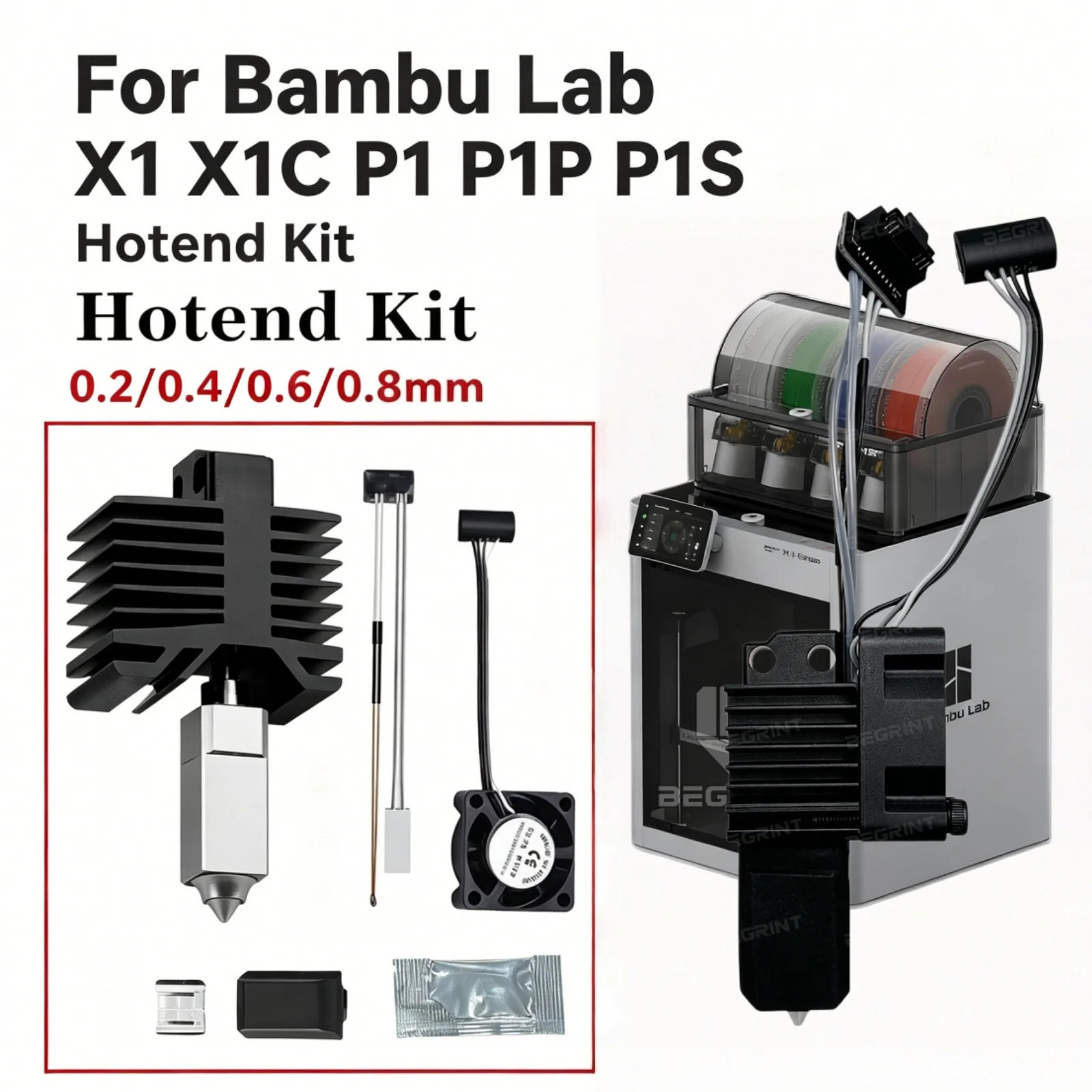 Für Bambu Lab X1 Carbon X1C P1P P1S Hotend-Kit, integriertes, auslaufsicheres Vollmetall-Kit mit gehärteter Stahldüse für Bambulab X1 P1