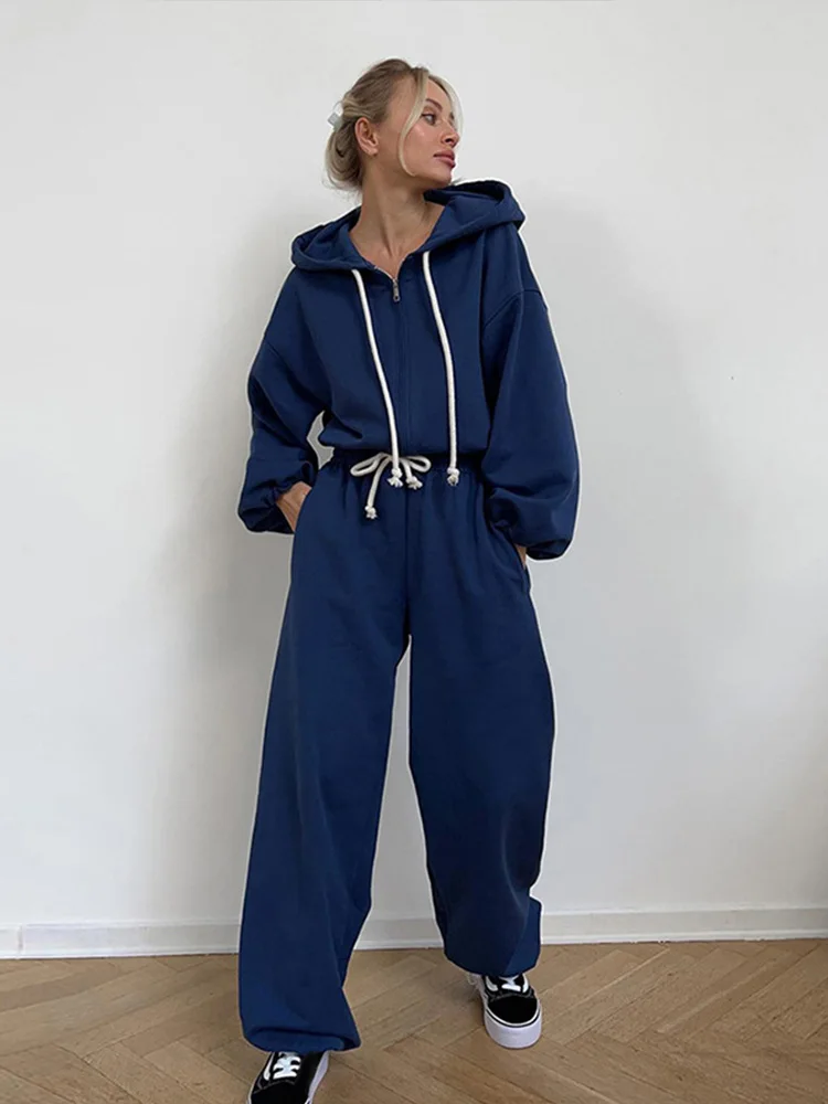 

Sport Casual Women's Pants Sets Minimalism Loose Zipper Hoodies Solid Color Sports Pants Drawstring Short Women Tops Trousers