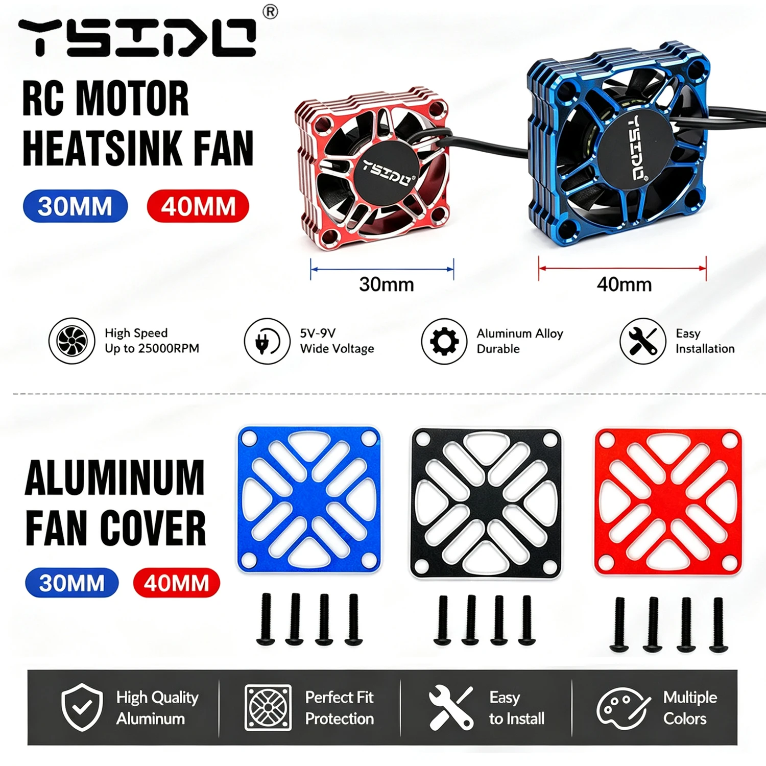 YSIDO 30mm 40mm RC Motor High RPM Heatsink Cooling Fan With Fan Cover for 1/8 1/10 1/12 RC Car Tamiya Traxxas Redcat Wltoys HSP