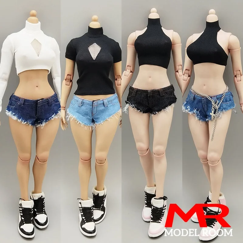 Shorts Jeans Feminino Escala 1/6, Colete de Gola Alta e Camiseta - Roupa para Bonecas de Ação de 12'' (AT203, AT206, VCD-03)
