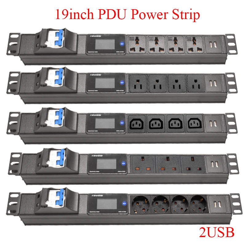 19Inch Cabinet Rack PDU Power Strip Digital Voltmeter Ammeter Wattmeter 2USB EU/US/UK C13/Universal Outlet 16/32A 4000/8000W