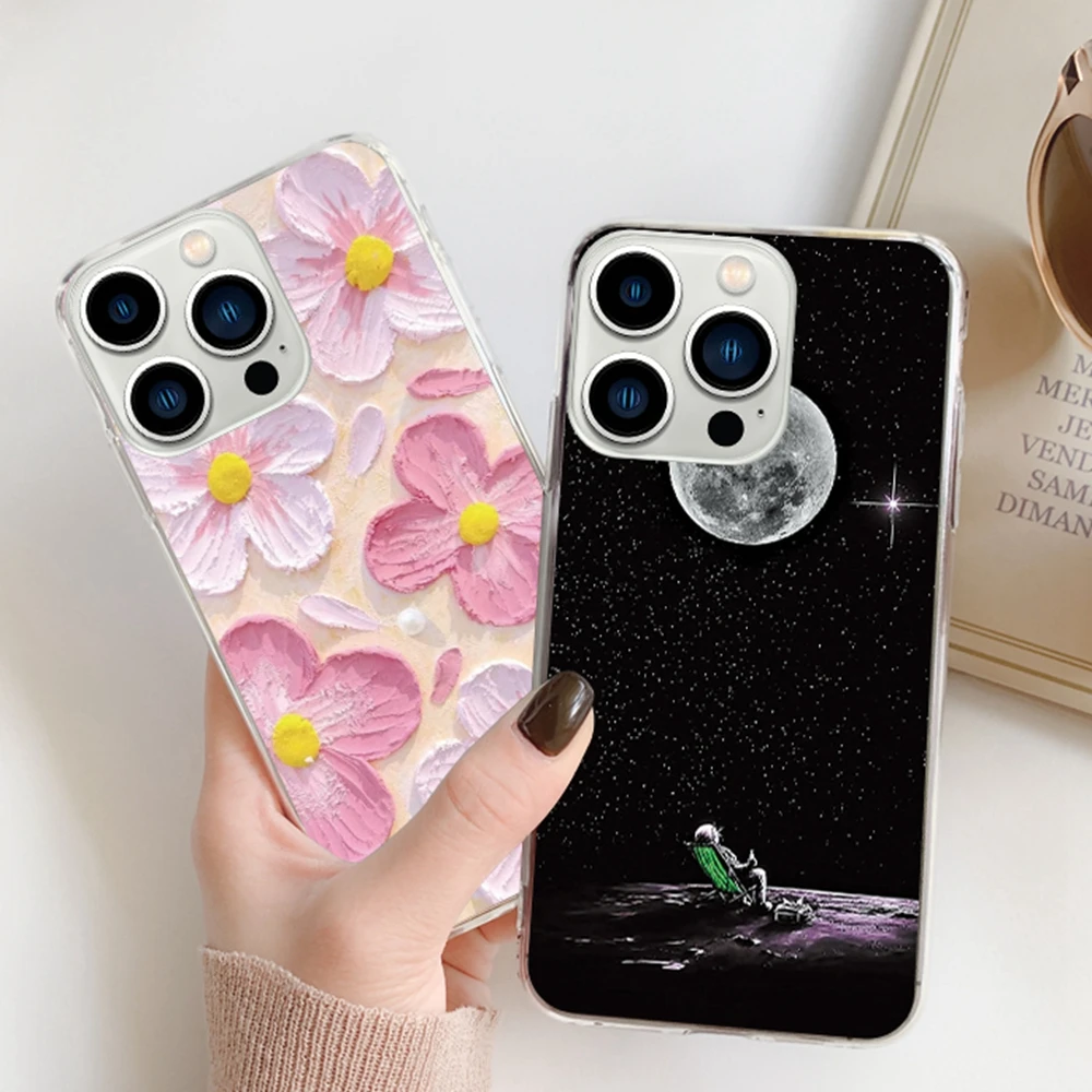 

Pink Flowers Pattern Clear Cases For iPhone 13 12 16 15 14 Plus 17 Pro Max Air Leopard Print Transparent Soft Bumper Phone Cover