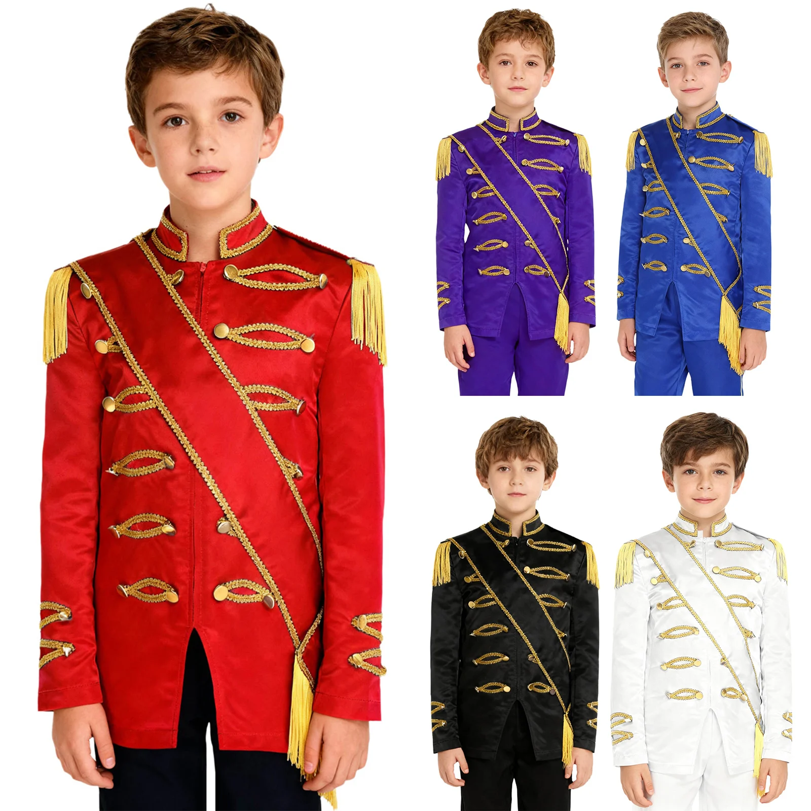 الأطفال طبل زحف الفرقة الزي الرئيسي السيرك Ringmaster زي شرابة الذهبي مضفر كم طويل سترة معطف مع وشاح