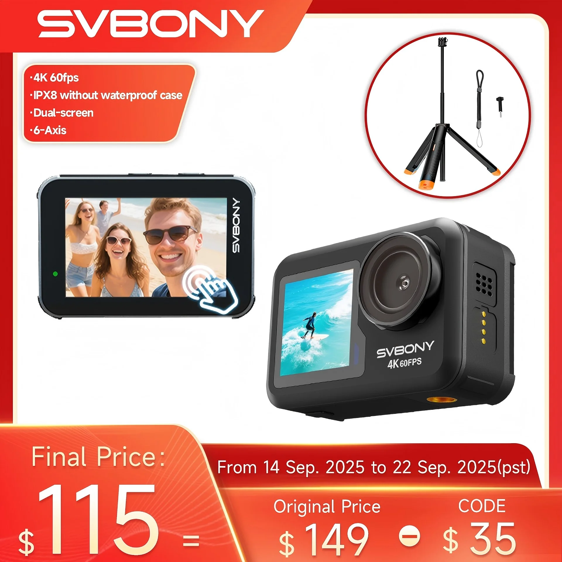 

Svbony Act20 Upgraded HD Waterproof Action Camera IPX8 4K Dual Display 6-axis EIS Magnetic Interface Travel Vlog Diving Cycling
