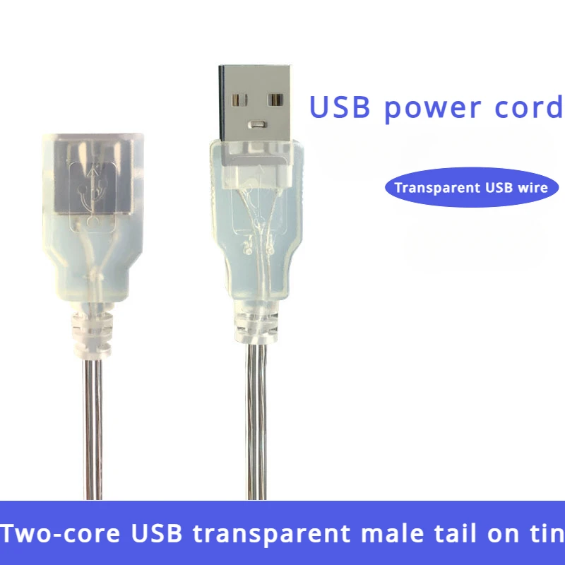 1PCS Transparent usb cable single head A male and female led lights with neon 1A power cord 2 core 26 usb extension cord 30cm