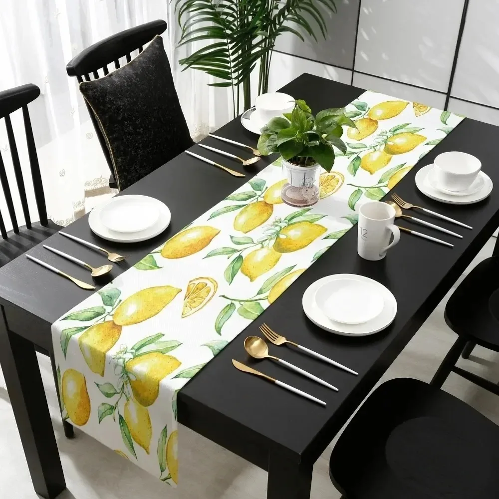 Watercolor Lemon Table Runner Citrus Leaf Blossom Printed Fabric Table Scarf Summer Farmhouse Centerpiece For Brunch Kitchen Par