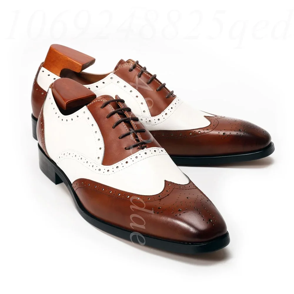 Two-Tone Wingtip Brogue Oxfords, Lace-Up Closure, Pointed Toe, Burnished Finish, Non-Slip Rubber Sole Formal Footwear for Men