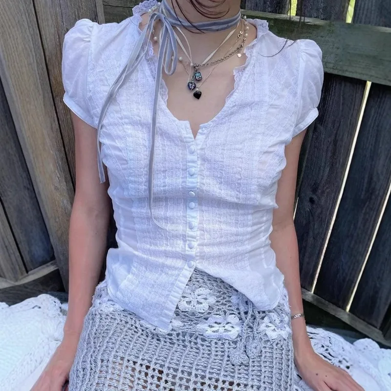 

Elegant Lace V-neck Single Breasted Blouses Summer Thin Slim Fit White Shirt Women 2025 New Puff Sleeve Blusas De Mujer