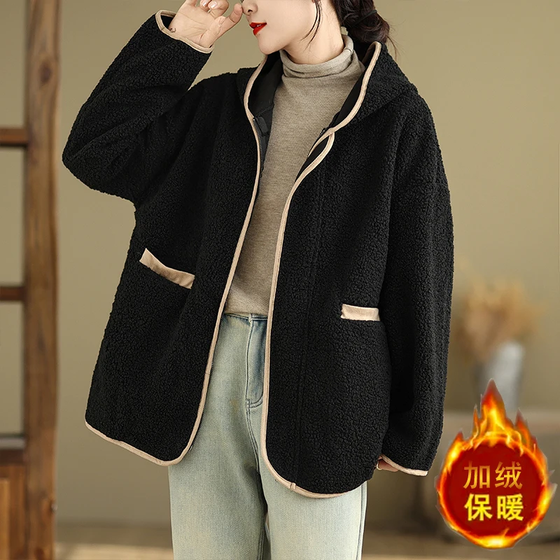 2024 New Arrival Autumn/winter Arts Style Women Loose Casual Long Sleeve Hooded Collar Jackets Single Breasted Outerwear & Coats