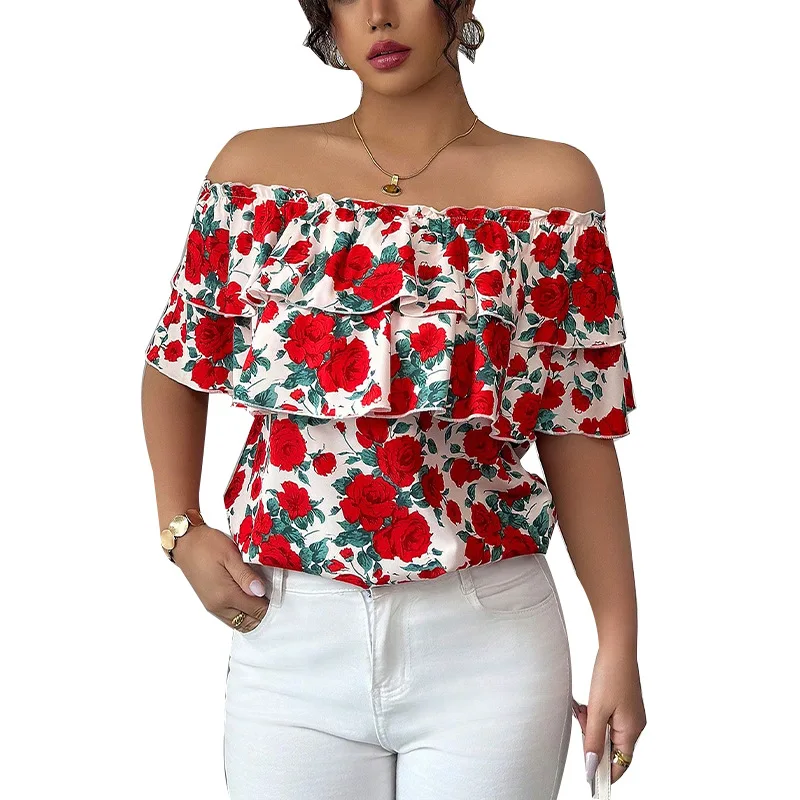 Summer Vaion Sle ort Sve One oulder irt Doppio strato Orlo con volant Cross Border Faion Premium irt da donna