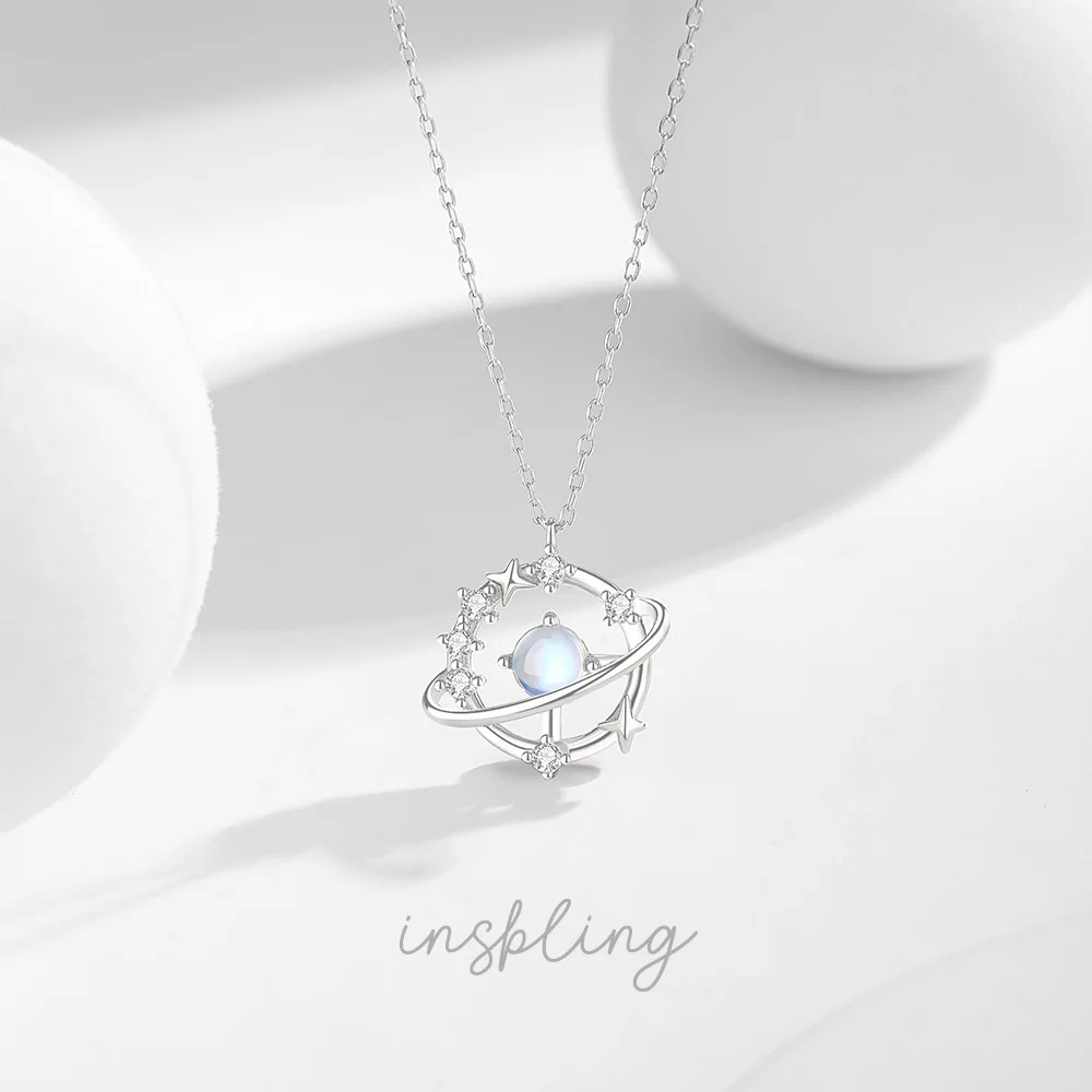 S925 Pure Silver Moonstone Planet Necklace Collarbone Chain for Women