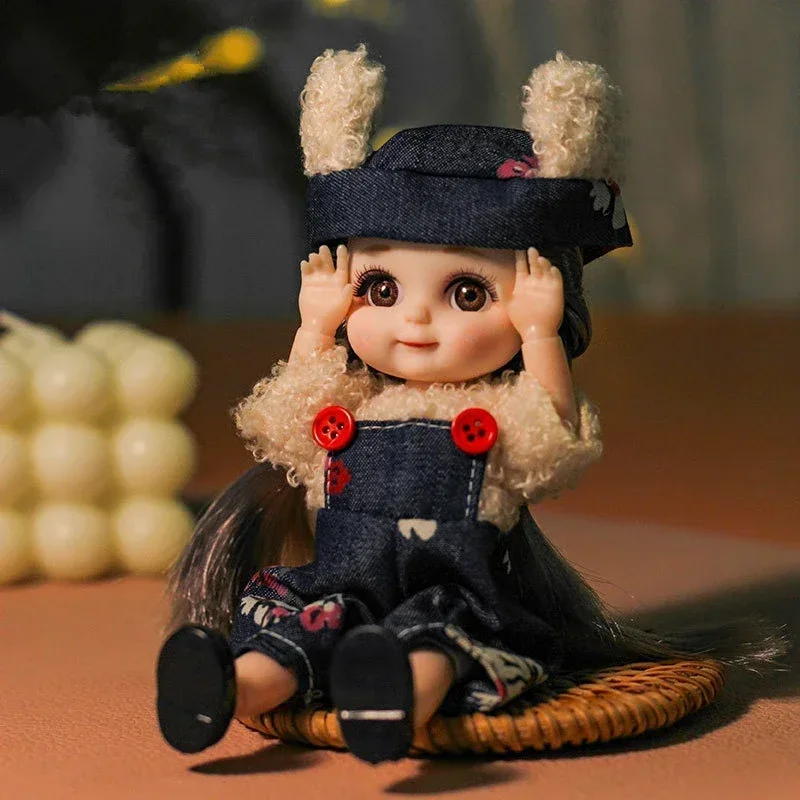 Bjd Doll 16CM 13 Movable Joints Cute Smile Face Shape and Bunny Ears Clothes Suit Toy Best Gift for Kids