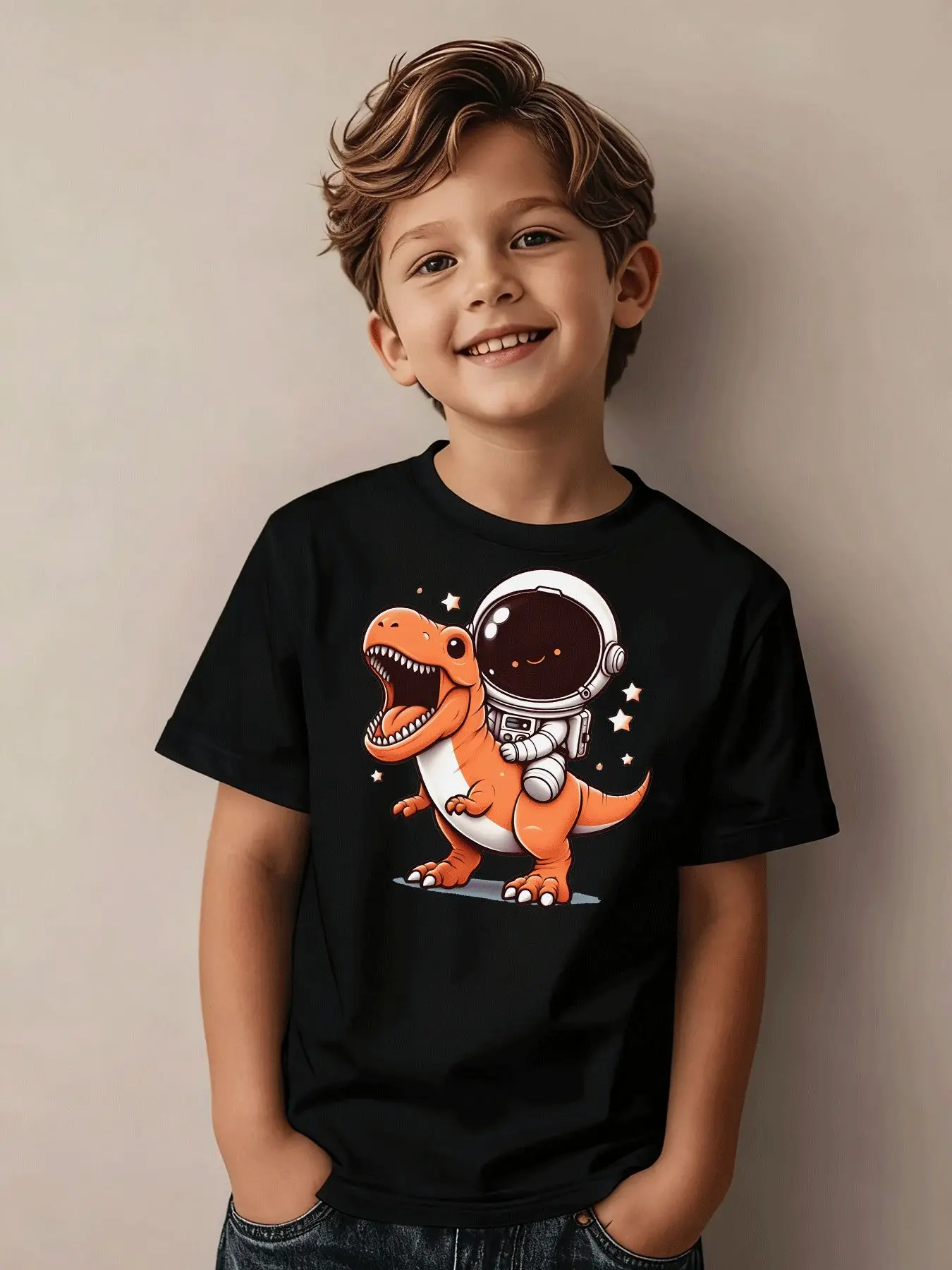 Astronaut Dinosaur  Printed Children's Personalized T-shirt Round Neck Short Sleeve Daily Street Short Sleeve Parent Child Top