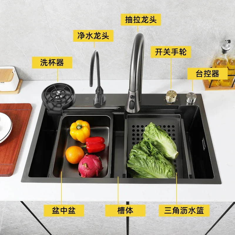 Nano Rust Steel Kitchen Water Flying Rain Waterfall Large Table Vegetable Basin Household Dishwasher Hand