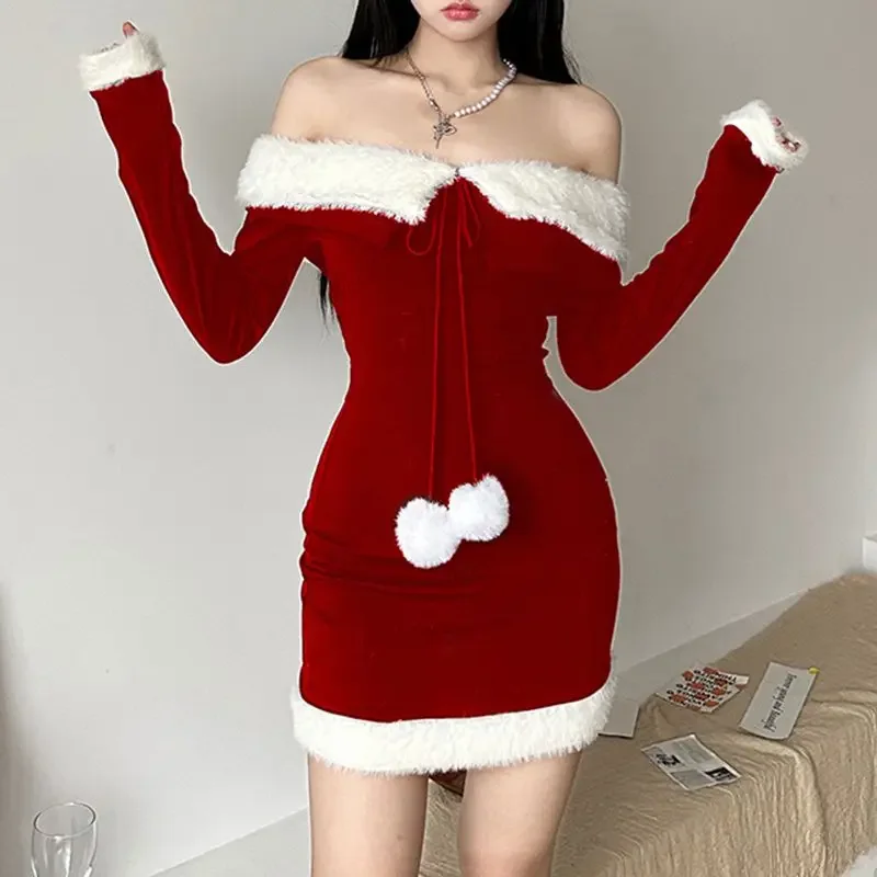 

2024 Sexy Red Christmas Dress Women Winter Y2k Plush Patchwork Off Shoulder Party Mini Dress Korean Fashin Elegant Bodycon Dress