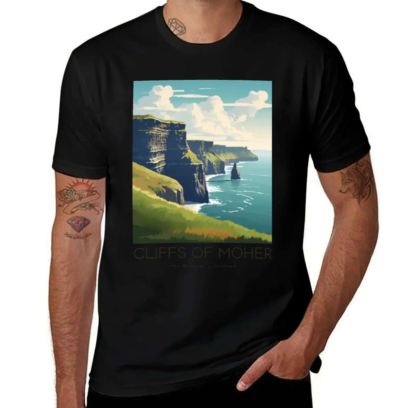 

A Vintage Travel Illustration of the Cliffs of Moher - The Burren - Ireland T-Shirt quick drying topping mens t shirt