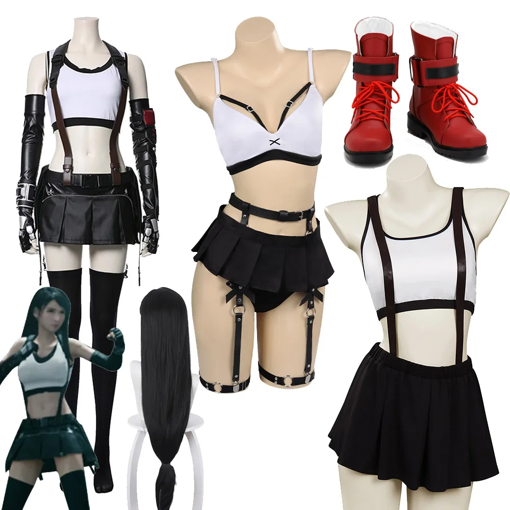 Tifa Lockhart Cosplay Wigs Shoes Costume Game Final Roleplay Fantasy VII Vest Pants Boots Women Swimsuit Halloween Party Suit