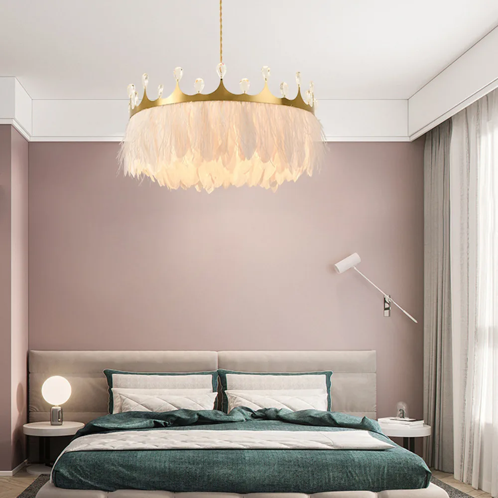 Nordic Bedroom Pendant Lights White Feather Lustre Warm Princess Kids Room Crown Chandelier Lamp Suspension Luminaire Lighting