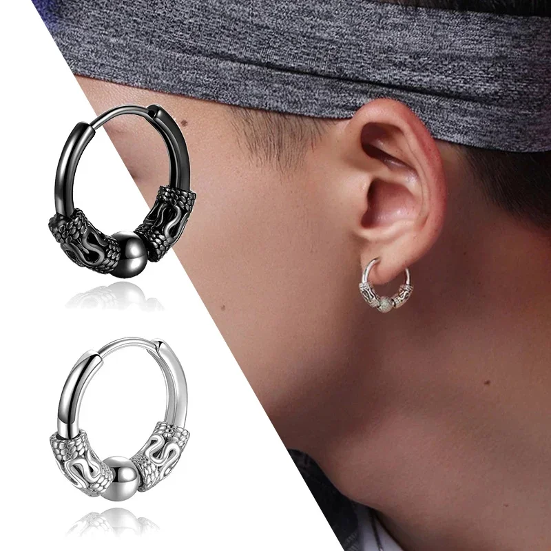 1Pair Punk Stainless Steel Round Circle Totem Hoop Earrings for Men Women Not Fade Ear Rings Hip Hop Male Jewelry