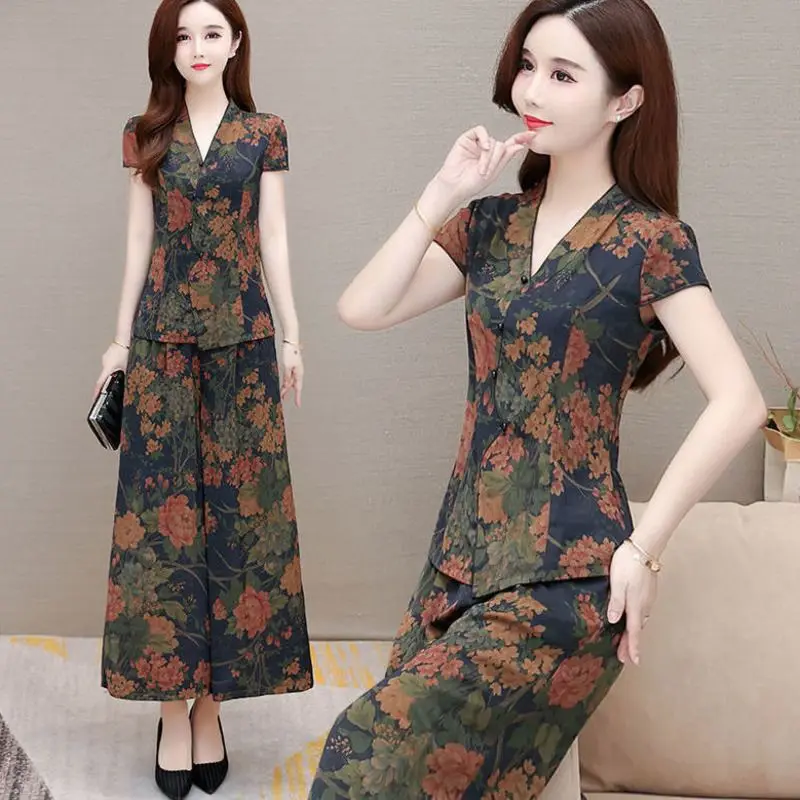 

Women's Fashion Suit Western-style Thin Print Tops Wide Leg Pants Two Piece Sets 2022 Summer New Mother Slim Plus Size Clothing