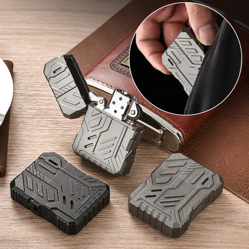 Titanium Alloy Lighter Case Windproof Thick Shell Collection in Box Men Father Gift Lighter Cover Hiking Handle EDC Tools
